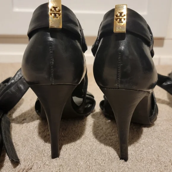 Tory Burch Lounge Baby Black Leather Ankle Wrap Heels Size 7 - Picture 8 of 12
